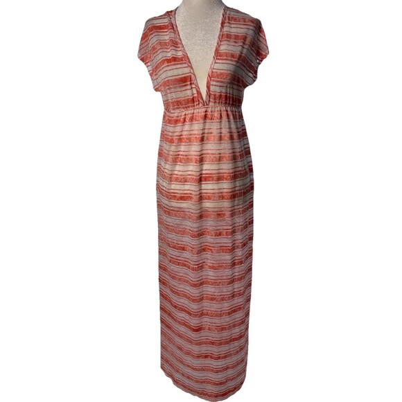 Women’s M Beach Cover-Up Maxi Dress Red Striped V-Neck Swim Resort - Picture 1 of 7